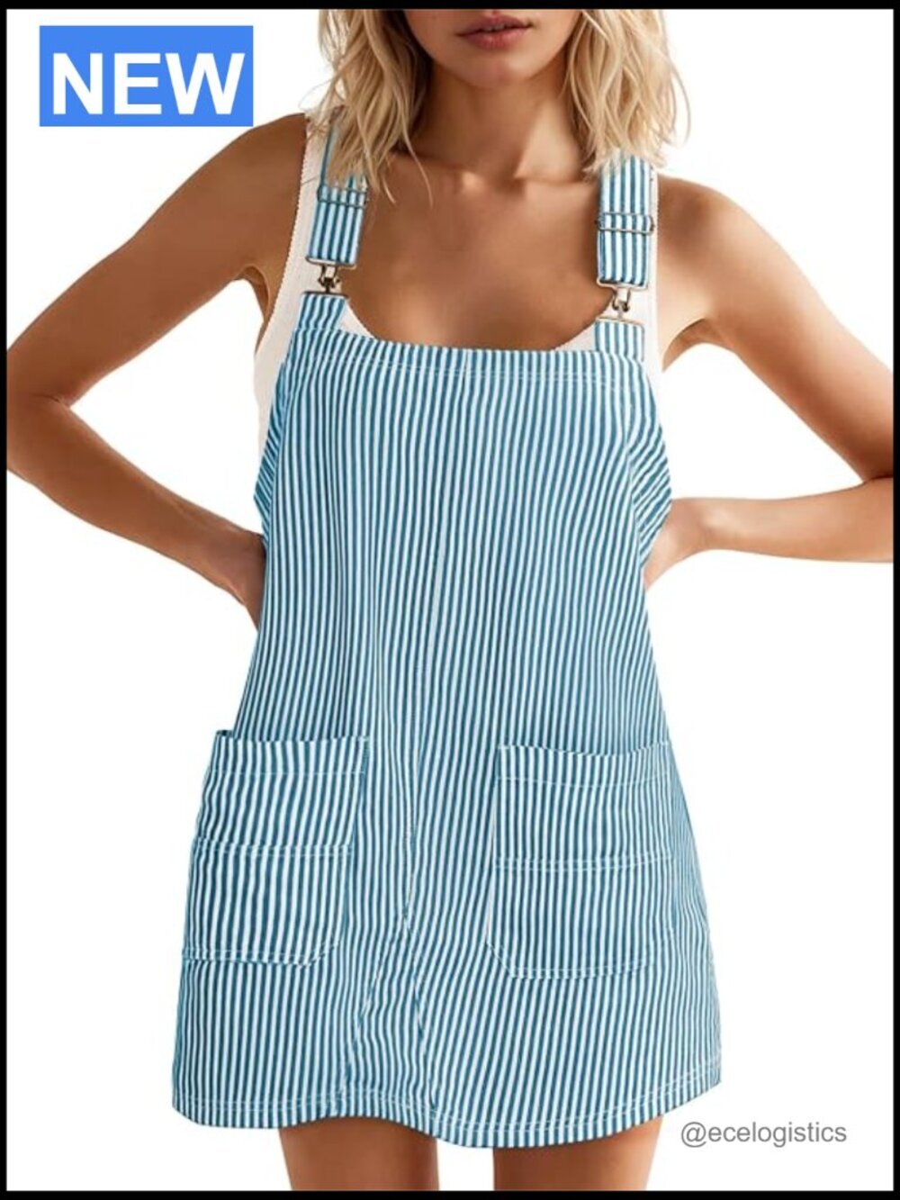 Striped Denim Overalls Dress Sleeveless Romper Adjustable Straps Pockets